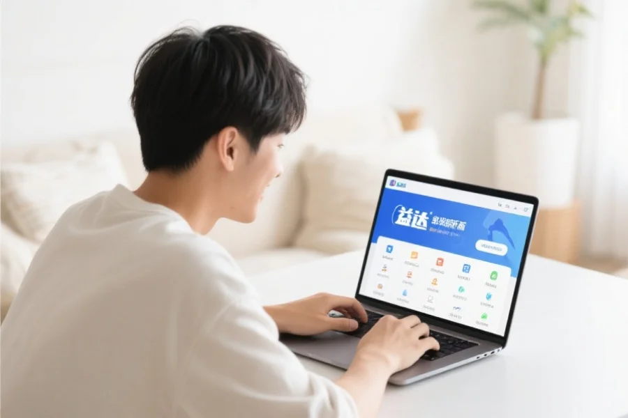 一位年轻用户在明亮舒适的室内环境中愉快地使用笔记本电脑,屏幕上展示恒行3客户端新版界面